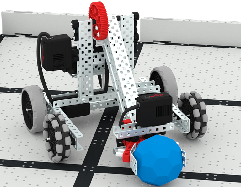 EXP Clawbot žaidimo lauke, naudodamas savo Clawbot ranką, kad sugriebtų ir pakeltų Buckyball.