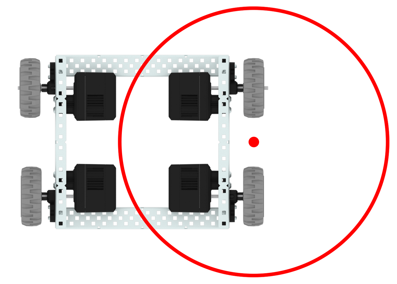 Vista superior de um sistema de transmissão com 4 motores, com um círculo e um ponto que representam o seu centro de rotação quando se realiza uma curva de arranque. O centro de rotação está localizado entre os motores à direita, diretamente oposto aos motores rotativos à esquerda.