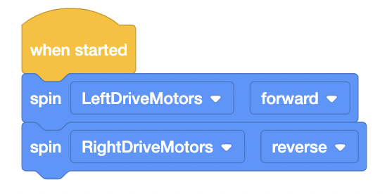 VEXcode EXP Blocks-project met de tekst Wanneer gestart, draai de LeftDriveMotors vooruit en draai de RightDriveMotors achteruit.