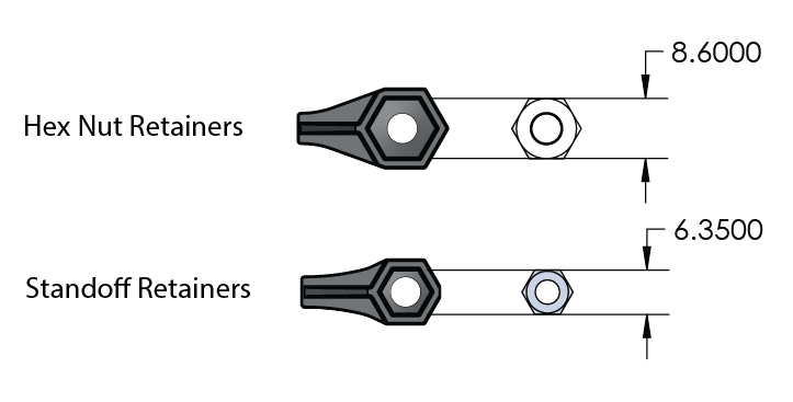 Diagrama del ancho máximo a través de los planos de los retenedores de tuercas hexagonales y los retenedores de separación. El diagrama muestra que el ancho máximo de los retenedores de tuercas hexagonales es igual al ancho de las tuercas Nylock y hexagonales #8-32, y el ancho máximo de los retenedores de separadores es igual al ancho de la tuerca de perfil bajo #8-32 y todos los separadores.