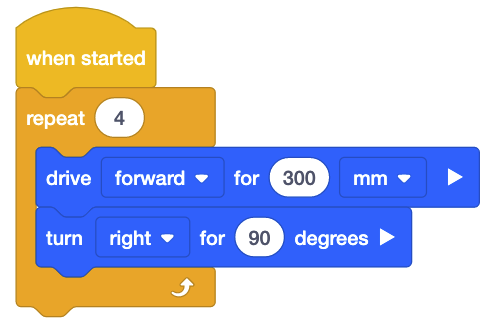 يبدأ مشروع VEXcode EXP Blocks بكتلة When Started مع كتلة Repeat مرفقة، ويتم ضبطها للتكرار 4 مرات. داخل الحلقة يوجد كتلة Drive For مضبوطة للأمام لمسافة 300 مم، وكتلة Turn For مضبوطة على اليمين بزاوية 90 درجة.
