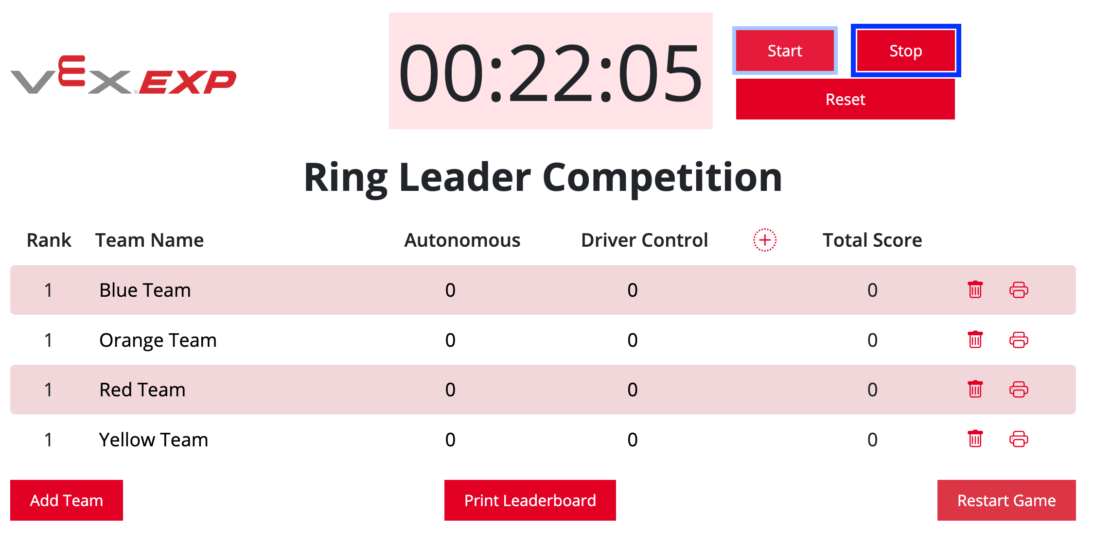 VEX EXP-klassement met de Stop-knop gemarkeerd rechts van de timer.