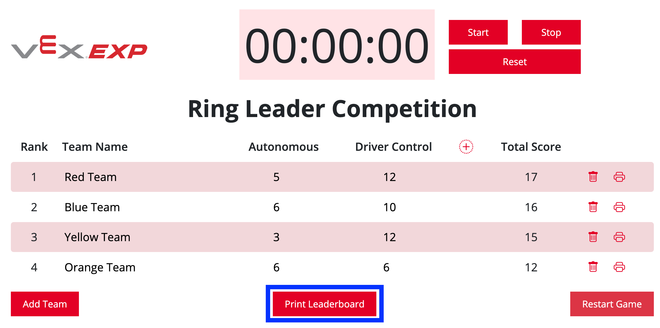 Classement VEX EXP avec le bouton « Imprimer le classement » mis en évidence en bas de la page.