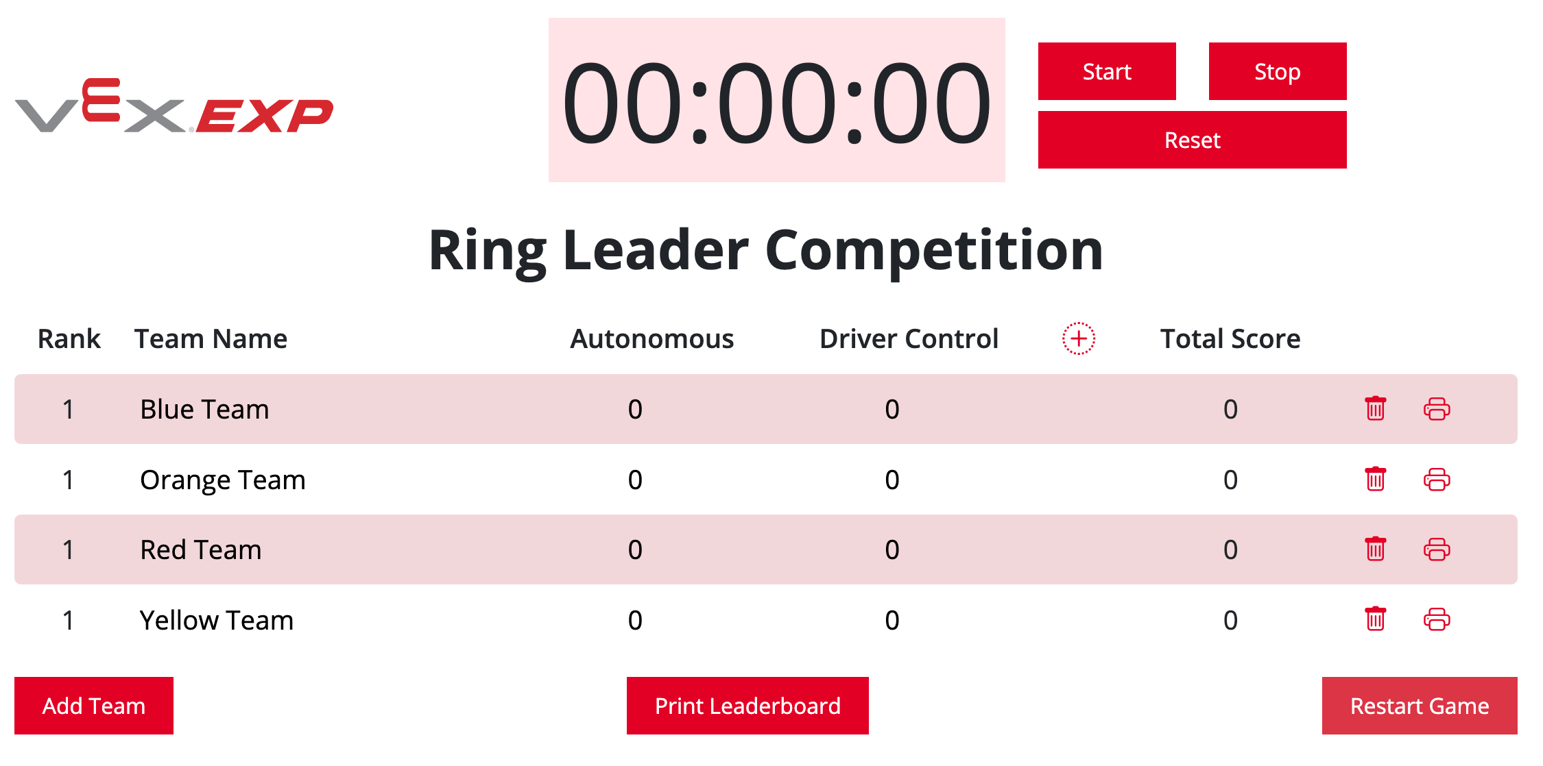 Die VEX EXP-Rangliste mit vier hinzugefügten Teams ist startbereit.