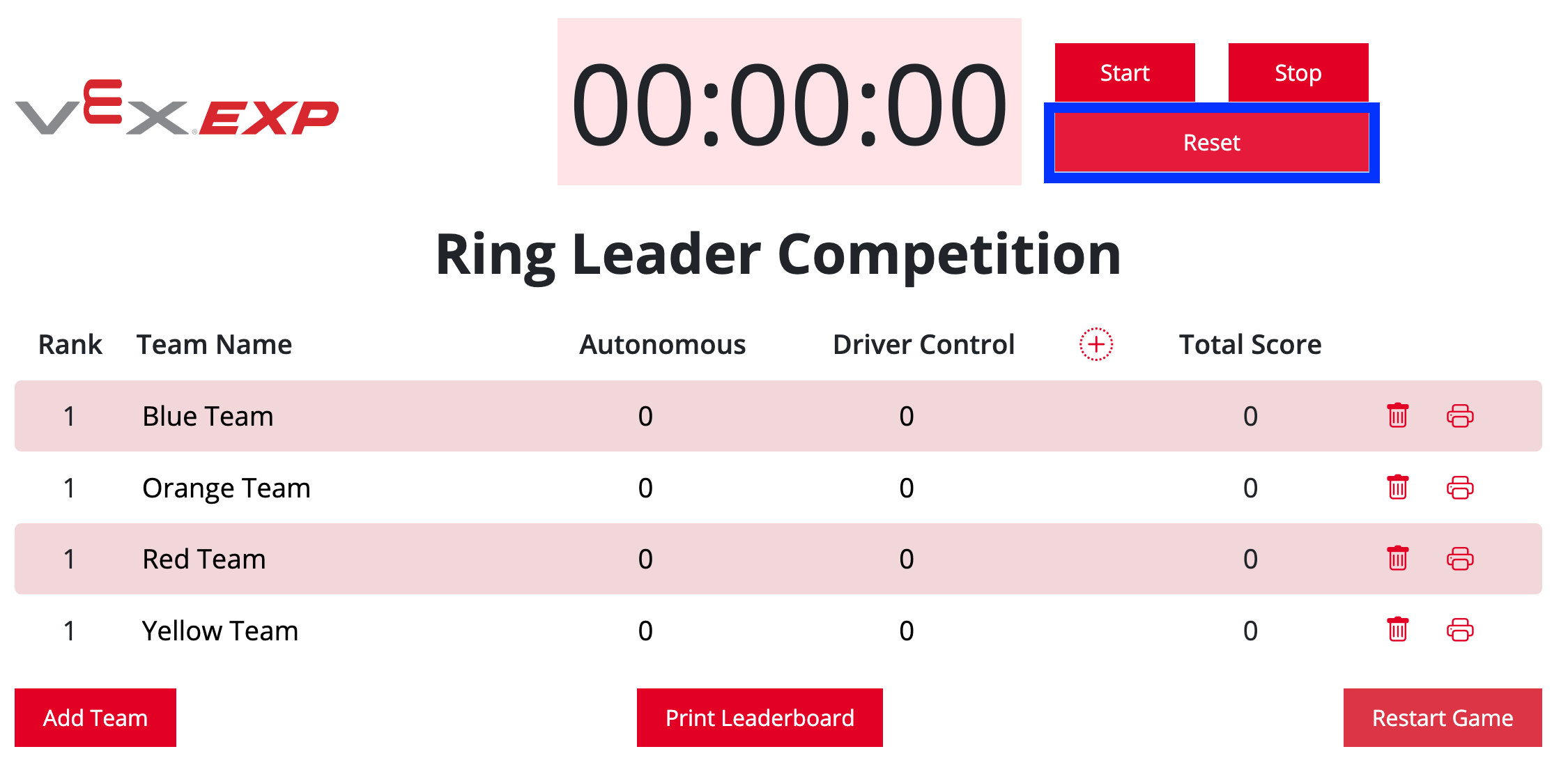 VEX EXP-klassement met de Reset-knop gemarkeerd rechts van de timer.