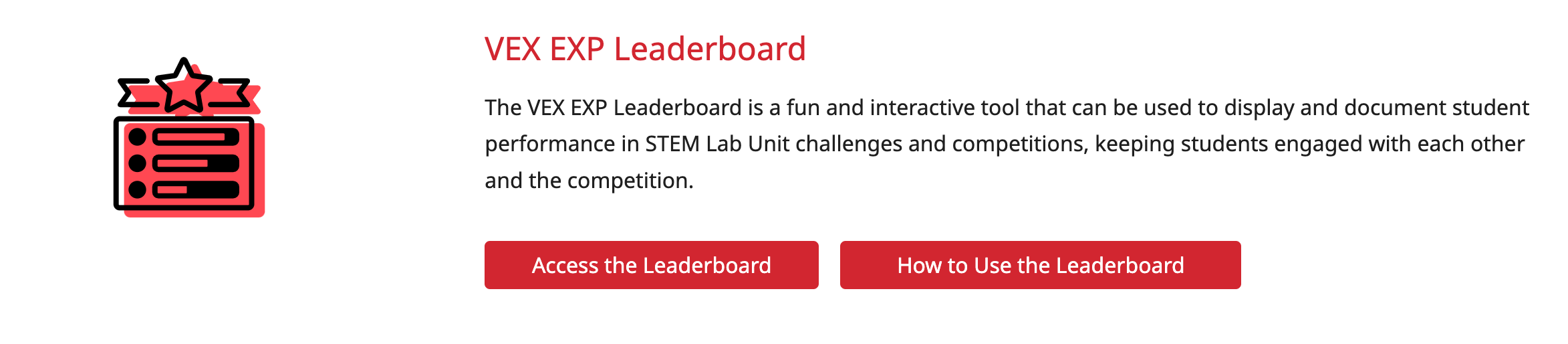 Das VEX EXP-Bestenlisten-Symbol und der zugehörige Link werden im Abschnitt „Planung und Umsetzung“ einer Lehrerportalseite angezeigt.