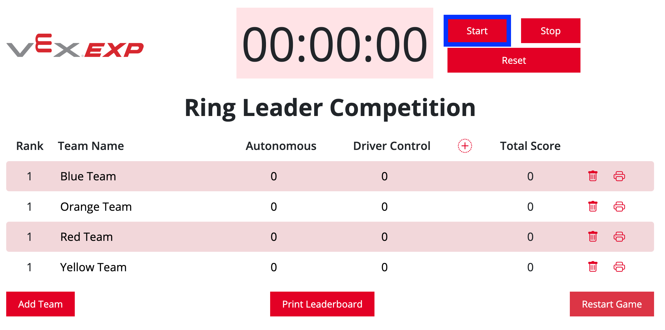 VEX EXP-Bestenliste mit dem hervorgehobenen Startknopf rechts neben dem Timer.
