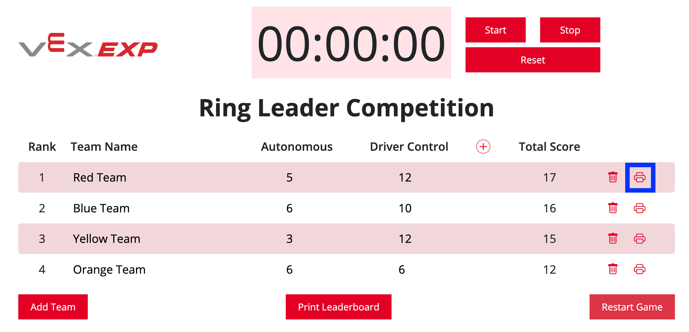 VEX EXP-Rangliste mit hervorgehobenem Druckersymbol eines Teams. Über das Druckersymbol kann ein individuelles Teamzertifikat erstellt und ausgedruckt werden.