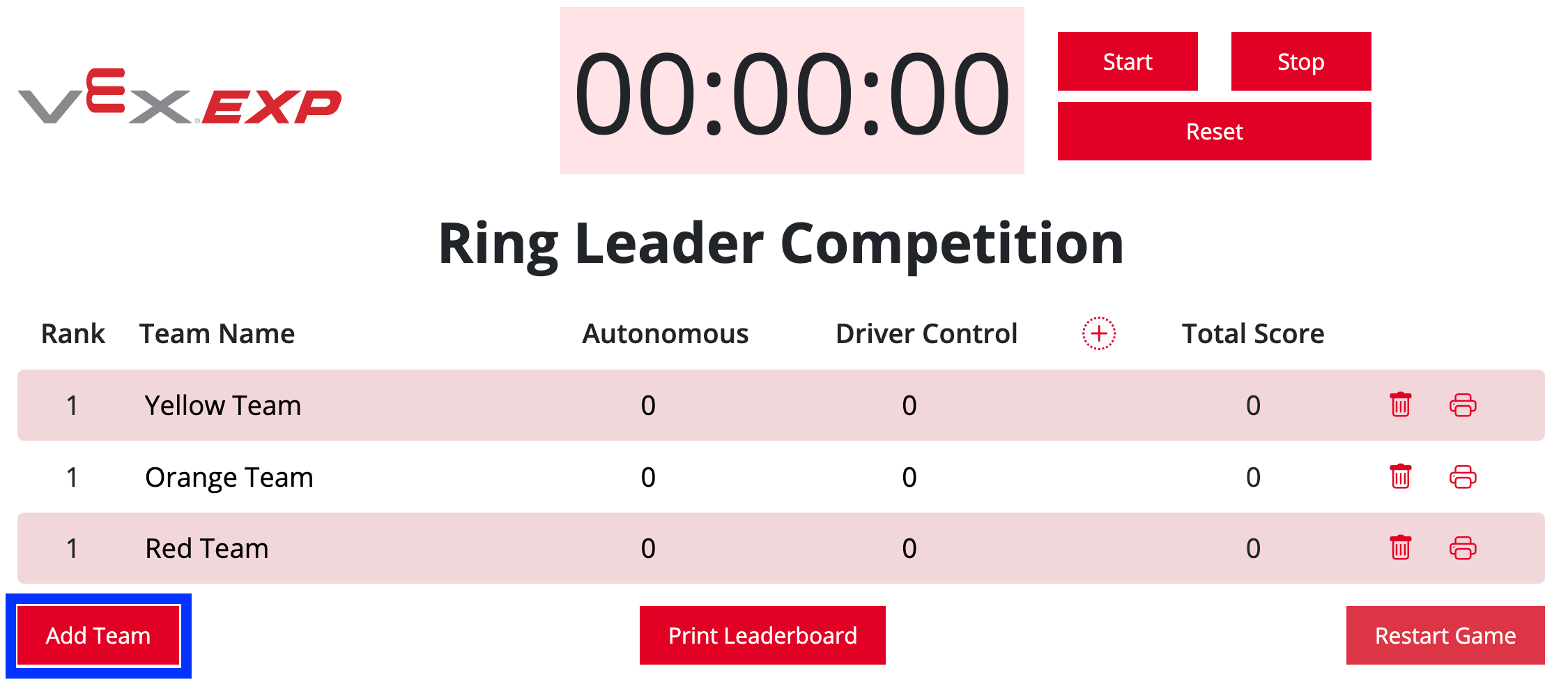 Classement VEX EXP avec le bouton Ajouter une équipe mis en évidence dans le coin inférieur gauche.