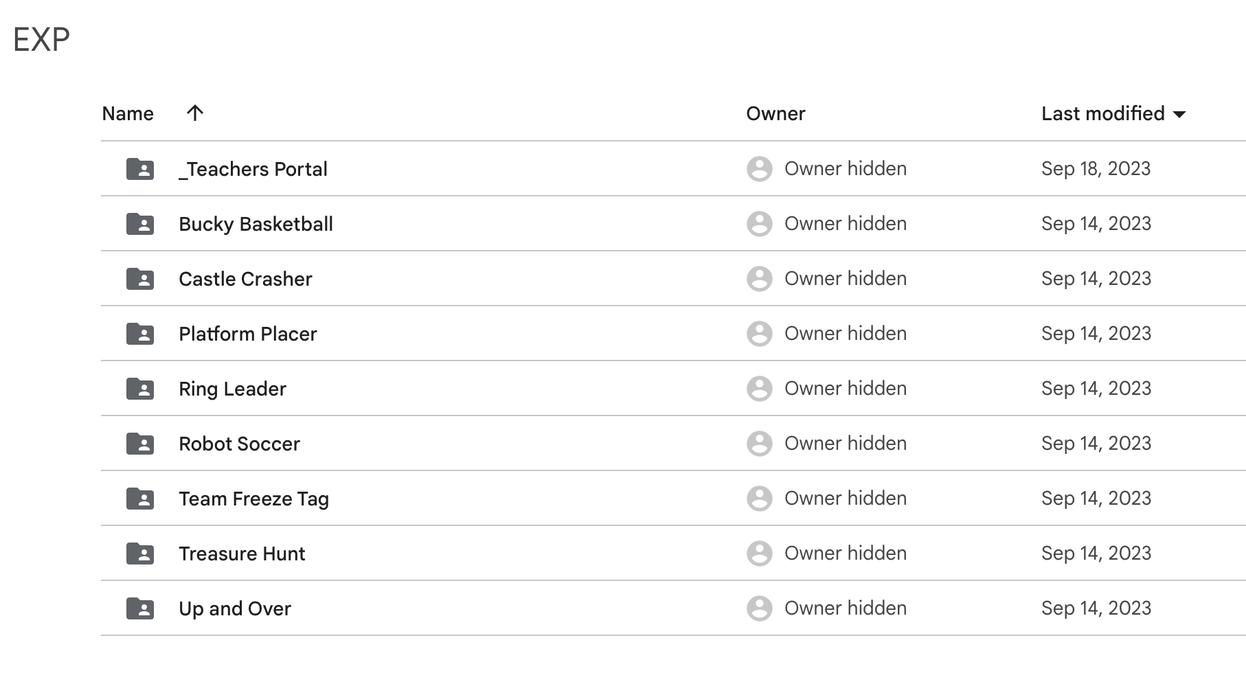 Ordner mit VEX EXP STEM Lab-Videos in Google Drive geöffnet. Im Inneren befinden sich Ordner, die jeweils einem STEM-Labor zugeordnet sind.