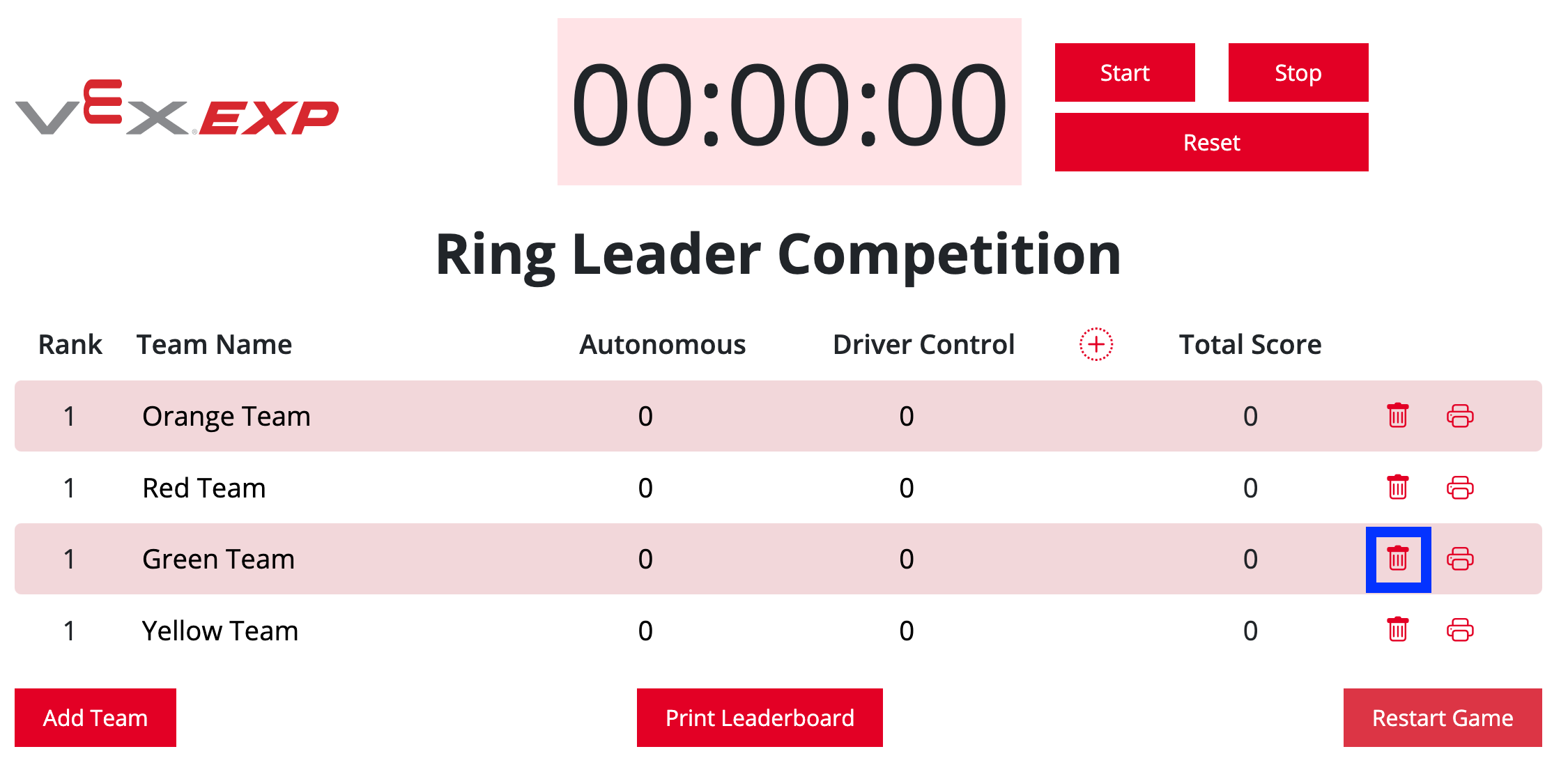 Belirli bir takımı kaldırmak için kullanılabilen, çöp kutusu simgesi vurgulanmış VEX EXP Liderlik Tablosu.