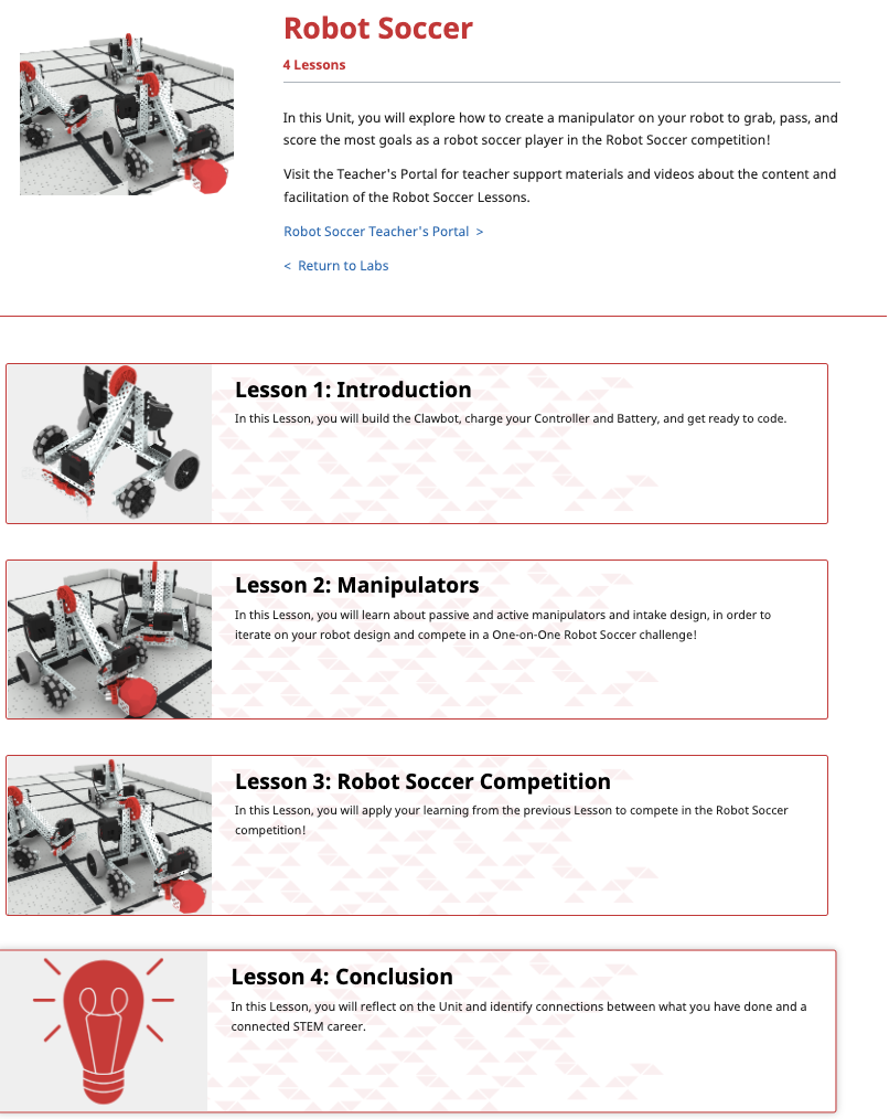Đơn vị phòng thí nghiệm STEM của Robot Soccer EXP đã mở cửa để xem 4 bài học bên dưới. Mỗi bài học đều có hình thu nhỏ hấp dẫn và phần mô tả nội dung bài học.