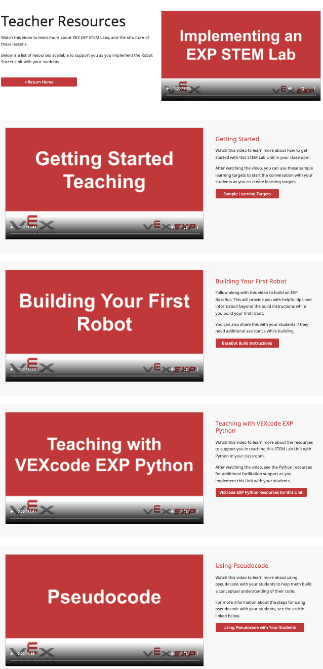 Cổng thông tin dành cho giáo viên của Đơn vị Phòng thí nghiệm STEM EXP, có video và tài liệu giúp các nhà giáo dục bắt đầu giảng dạy VEX EXP.