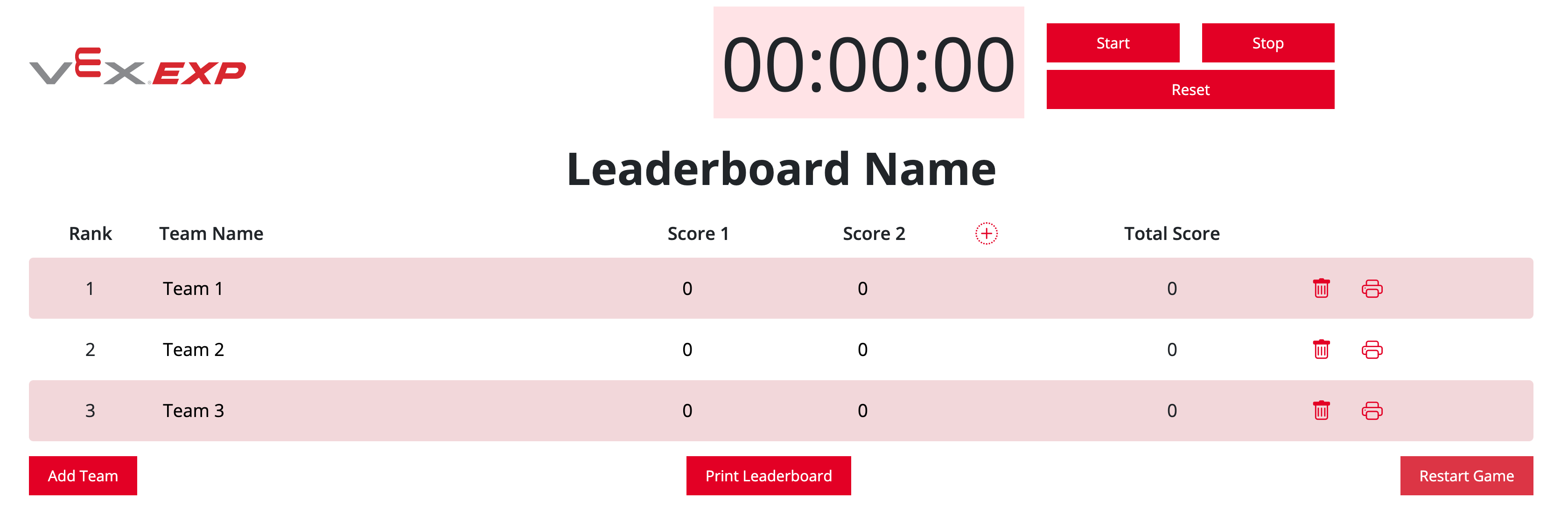 Tabla de clasificación VEX EXP en blanco con funciones para ayudar a facilitar una competencia en el aula, que incluye un marcador, un temporizador y controles.
