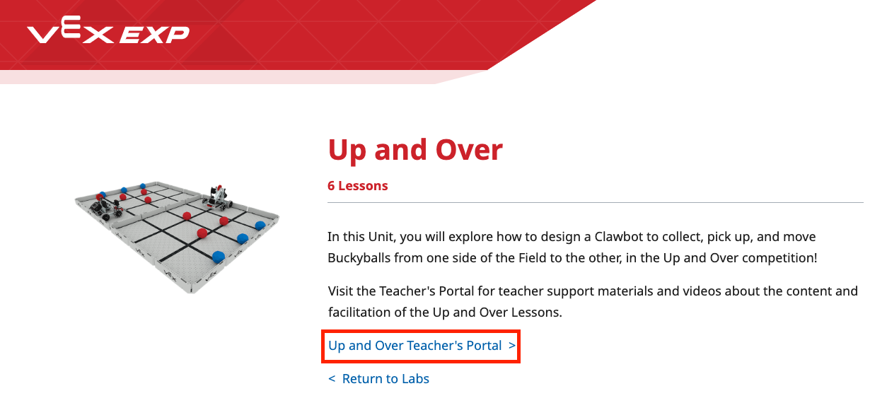 VEX EXP Up and Over STEM Lab Ünitesi sayfası, Öğretmen Portalı bağlantısı kırmızı kutuyla vurgulanmıştır.