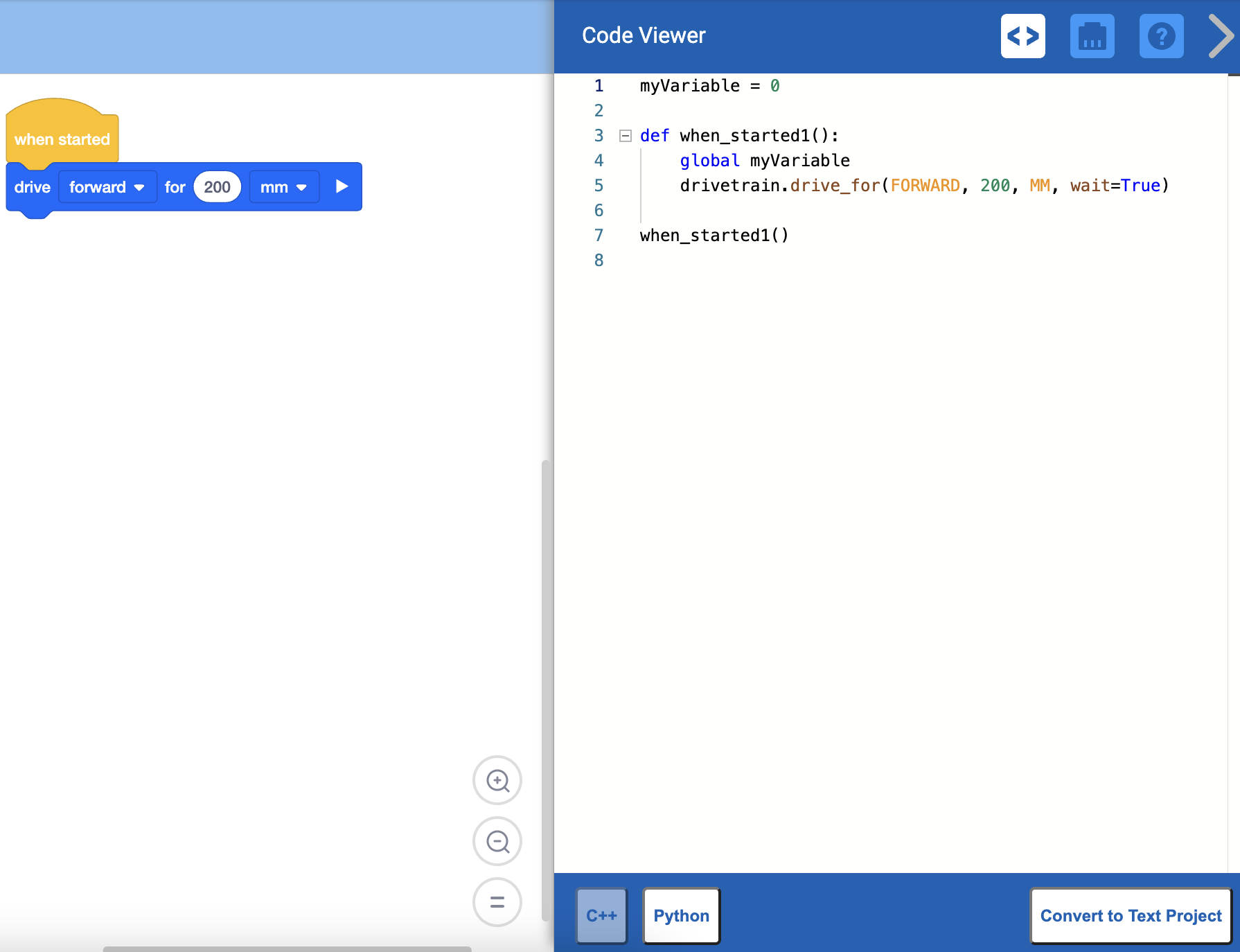 VEXcode EXP ar atvērtu koda skatītāja izvēlni, lai parādītu lietotāja Blocks programmas tulkojumu Python valodā.