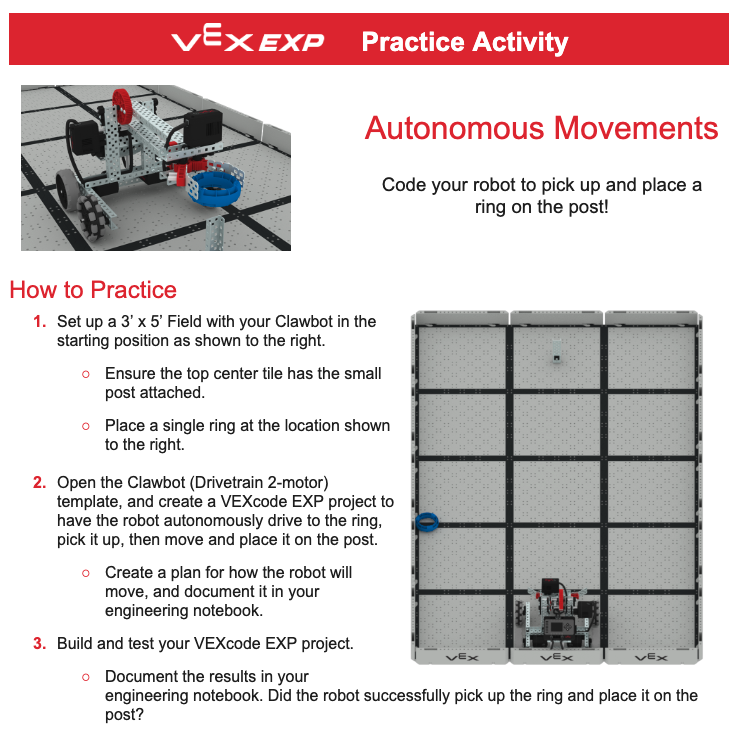 VEX EXP Oefenactiviteit voor autonome bewegingen in de Ring Leader STEM Lab Unit. Deze oefenactiviteit is geschreven voor blokken.