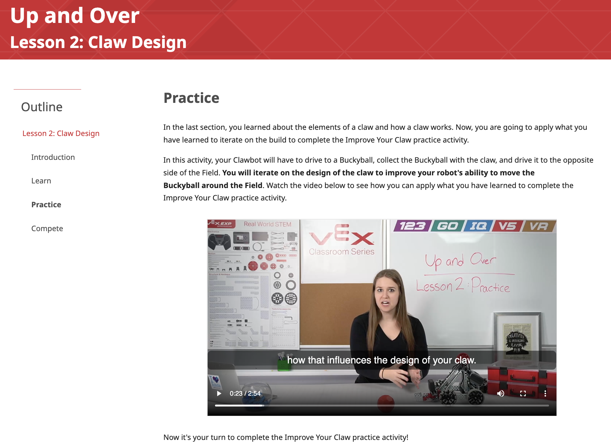 練習ページの一般的な形式を示す、VEX EXP STEM ラボ レッスンの練習セクションのスクリーンショット。