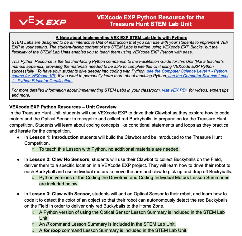 ട്രഷർ ഹണ്ട് STEM ലാബ് യൂണിറ്റിനായുള്ള VEXcode EXP പൈത്തൺ റിസോഴ്‌സ് എന്ന തലക്കെട്ടിലുള്ള ടീച്ചർ പോർട്ടലിൽ കാണുന്ന ഗൂഗിൾ ഡോക്കിന്റെ സ്‌ക്രീൻഷോട്ട്.