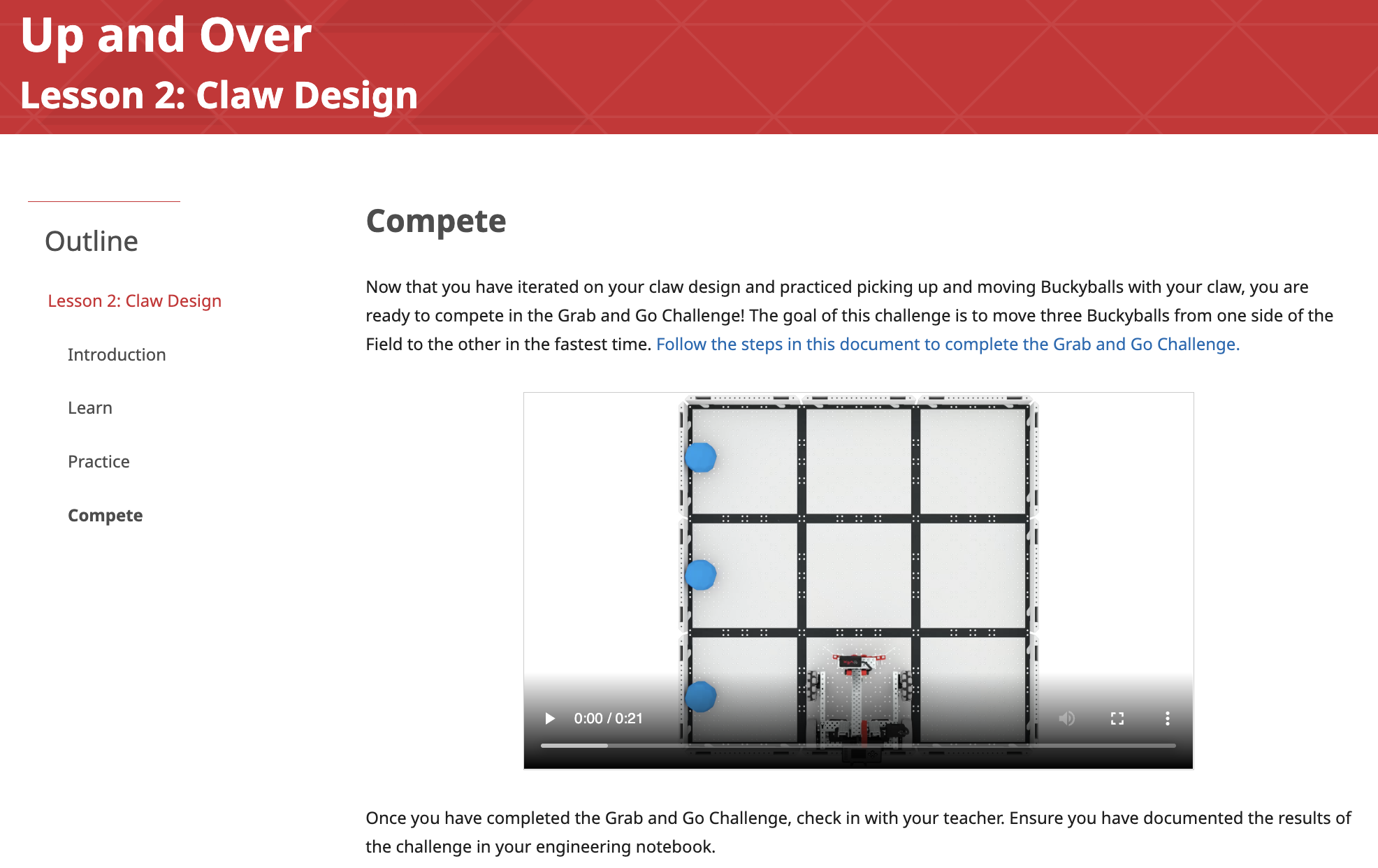 Screenshot della sezione Compete di una lezione di laboratorio STEM VEX EXP, per illustrare il formato tipico di una pagina Compete.