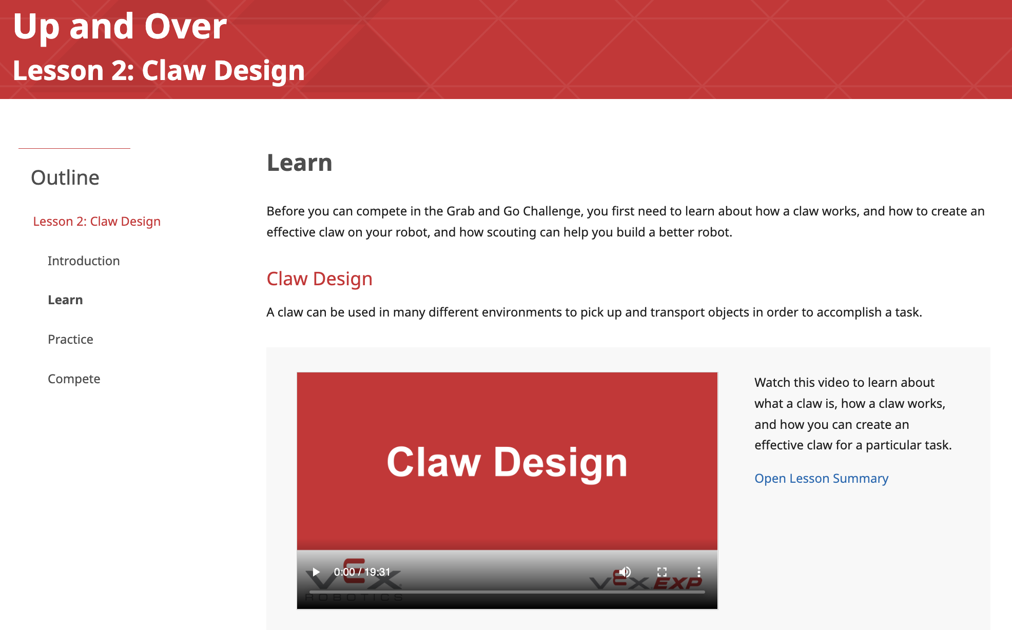 Ảnh chụp màn hình phần Học của Bài học STEM Lab VEX EXP, minh họa định dạng thông thường của trang Học với các video cung cấp hướng dẫn dành cho học sinh.