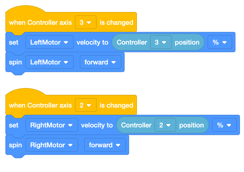 Primer plano de dos pilas de bloques en el proyecto VEXcode EXP Opción 3. La primera pila dice Cuando se cambia el eje 3 del controlador, establezca la velocidad del motor izquierdo en la posición 3 del controlador % y luego gire el motor izquierdo hacia adelante. La segunda pila dice Cuando se cambia el eje 2 del controlador, establezca la velocidad del motor derecho en la posición del controlador 2 % y luego gire el motor derecho hacia adelante.