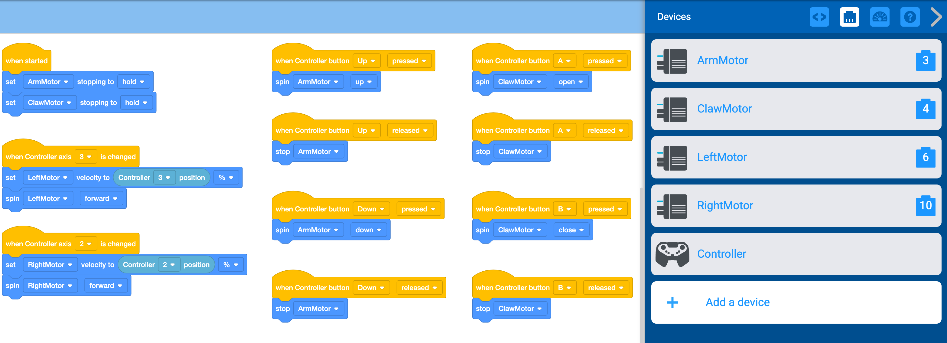 オプション 3 ブロック プロジェクトが開かれた VEXcode EXP ワークスペース。 このプロジェクトには 11 個の小さなブロック スタックがあり、デバイスが構成されています。 デバイス メニューが横に開き、ポート 3 の ArmMotor、ポート 4 の ClawMotor、ポート 6 の Controller、LeftMotor、およびポート 10 の RightMotor の各デバイスがリストされます。 最後に、コントローラーの入力を処理する 11 個の小さなブロック スタックがあります。 最初のスタックは、開始時に ArmMotor の停止を保持に設定し、次に ClawMotor の停止を保持に設定することを読み取ります。 2 番目のスタックには、コントローラー軸 3 が変更されると、LeftMotor の速度をコントローラー 3 の位置 % に設定し、LeftMotor を前方に回転させます。 3 番目のスタックには、コントローラー軸 2 が変更されると、RightMotor の速度をコントローラー 2 の位置 % に設定し、RightMotor を前方に回転させる、と表示されます。 4 番目のスタックには、「コントローラーのボタンの上が押されたら、ArmMotor が回転します」と表示されます。 5 番目のスタックには、「コントローラーのボタンの上を離すと、ArmMotor が停止します」と表示されます。 6 番目のスタックには、「コントローラー ボタンの下を押すと、ArmMotor が下方向に回転します」と表示されます。 7 番目のスタックには、「コントローラー ボタンのダウンが放されると、ArmMotor が停止します」と表示されます。 8 番目のスタックには、「コントローラーのボタン A が押されたら、ClawMotor が回転して開きます」と書かれています。 9 番目のスタックには、「コントローラーのボタン A を放すと、ClawMotor が停止します」と表示されます。 10 番目のスタックには、「コントローラー ボタン B が押されたら、ClawMotor が回転して閉じます」と表示されます。 11 番目で最後のスタックには、「コントローラーのボタン B を放すと、ClawMotor が停止します」と書かれています。