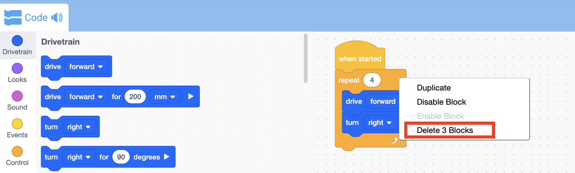 Ruang kerja VEXcode EXP dengan menu konteks latar belakang terbuka dan opsi Hapus blok X disorot. Pilihan ini akan menghapus semua blok di ruang kerja kecuali blok Saat Dimulai.