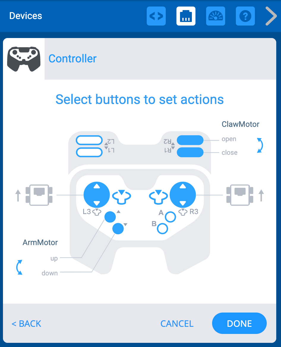 Menú VEXCODE EXP Devices con las opciones de Controller mostradas. El diagrama de controles de botón muestra que los dos joysticks accionan el robot en una configuración de accionamiento del tanque. Los botones Arriba y Abajo controlan un ArmMotorGroup, y los botones del eje R controlan un ClawMotor.