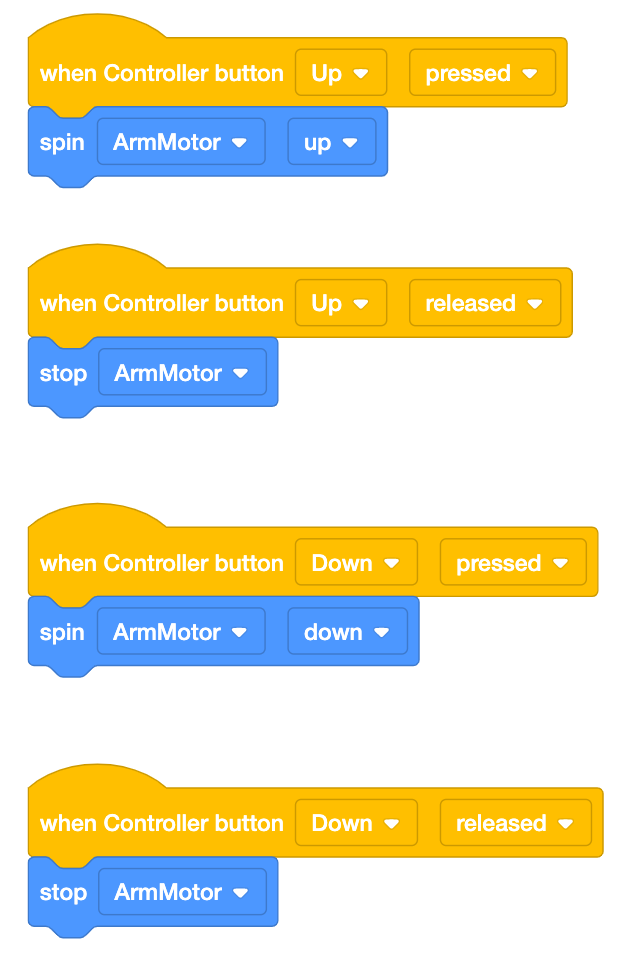 ภาพระยะใกล้ของบล็อกสี่กองในโครงการ Option 3 VEXcode EXP สแต็กแรกอ่านว่า เมื่อกดปุ่ม Controller ขึ้น ให้หมุน ArmMotor ขึ้น สแต็กที่สองอ่านว่า เมื่อปล่อยปุ่มคอนโทรลเลอร์ขึ้น ให้หยุด ArmMotor สแต็กที่สามอ่านว่า เมื่อกดปุ่ม Controller ลง ให้หมุน ArmMotor ลง สแต็กที่สี่อ่านว่า เมื่อปล่อยปุ่มคอนโทรลเลอร์ลง ให้หยุด ArmMotor