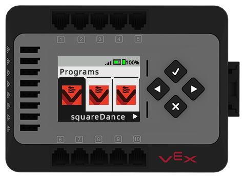 На экране VEXcode EXP Brain показано открытое меню «Программы» и выбранная программа с именем squareDance.