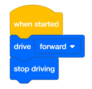 VEXcode EXP blocca il progetto che consiste in un blocco When started, un blocco Drive forward e un blocco Stop driving.