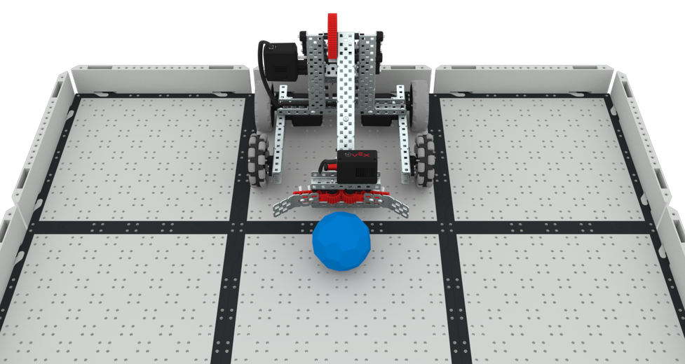 VEXcode EXP Clawbot, önüne mavi bir Buckyball yerleştirilmiş bir EXP alanında.