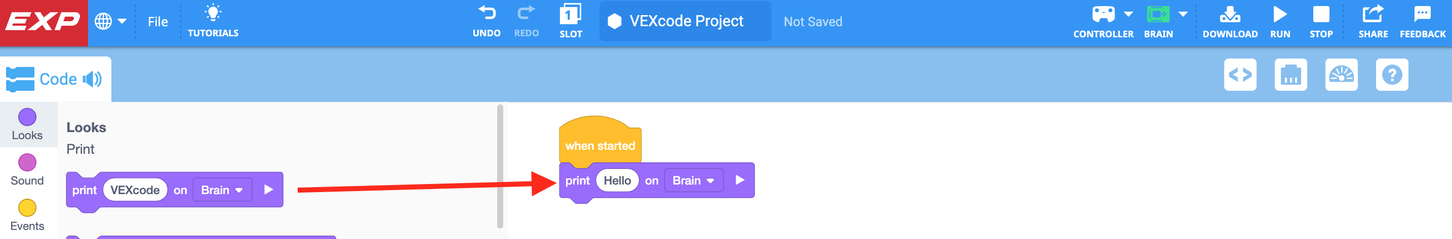 Het VEXcode EXP-blokkenproject wordt weergegeven met een Print-blok toegevoegd onder het standaard Wanneer gestart-blok.