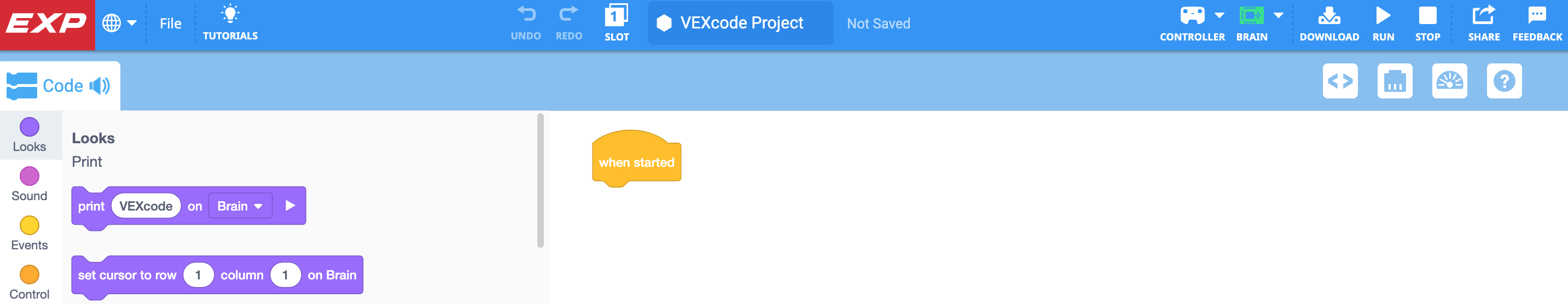 デフォルトのブロック プロジェクトは、VEXcode EXP ワークスペースに表示されます。