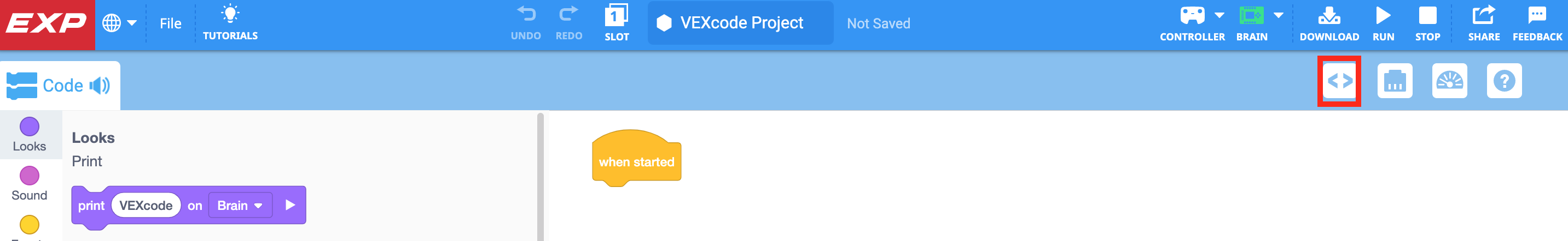 VEXcode EXP -työkalurivi, jossa Koodikatselukuvake on korostettuna Laitekuvakkeen vasemmalla puolella.