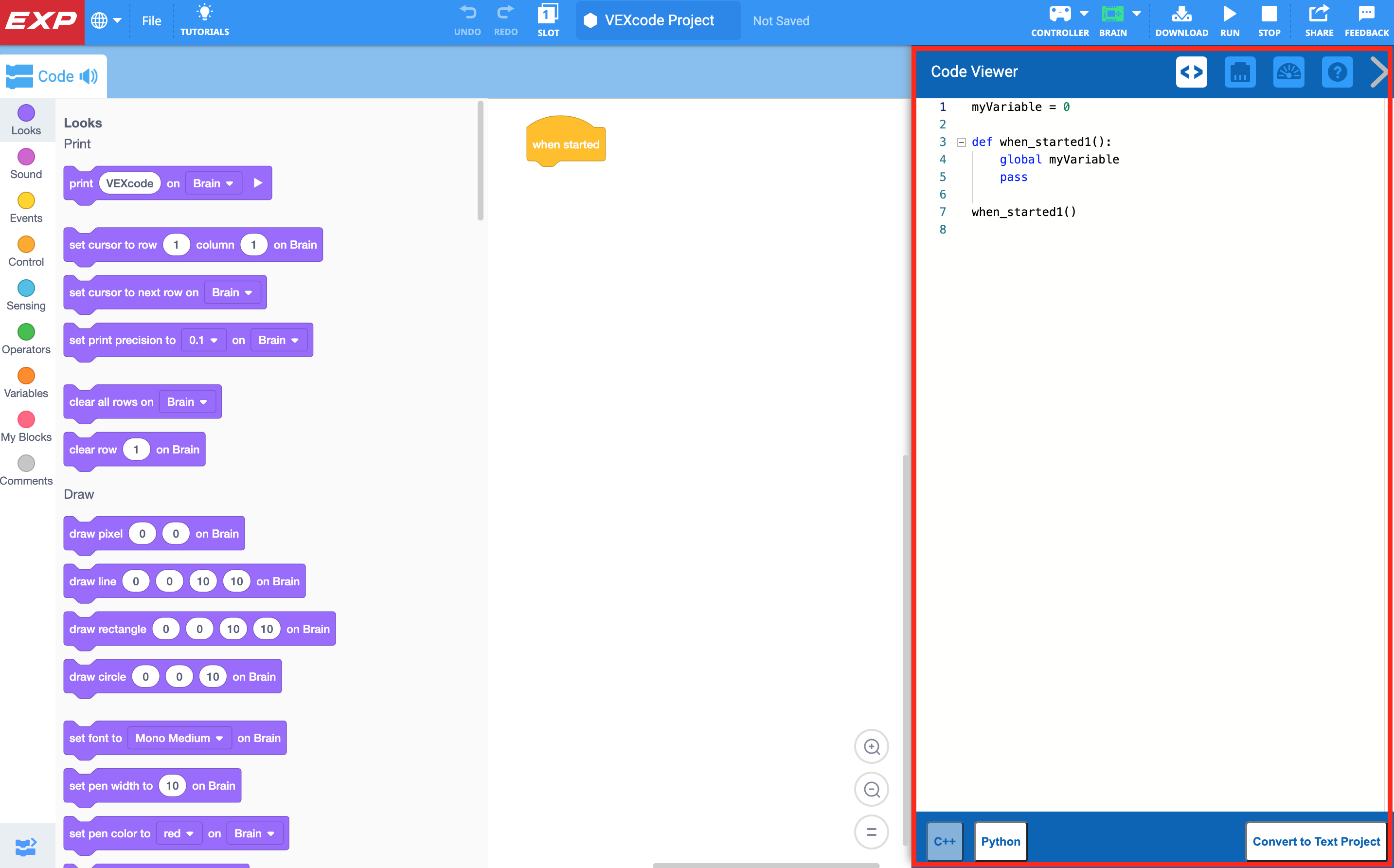 Il menu Code Viewer è aperto e mostra una versione Python del progetto Blocks. Il menu è evidenziato.