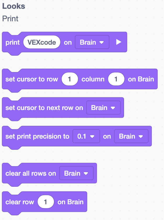 모양 카테고리 내부에 표시된 블록의 인쇄 하위 카테고리가 있는 VEXcode EXP 도구 상자입니다.