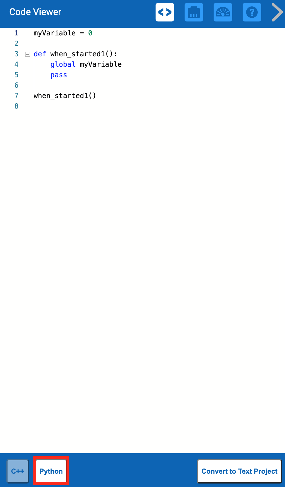 Het Code Viewer-menu wordt geopend wanneer er verbinding is met een EXP Brain. In de Code Viewer kunt u schakelen tussen het bekijken van Python- of C++-code. De Python-optie is gemarkeerd.