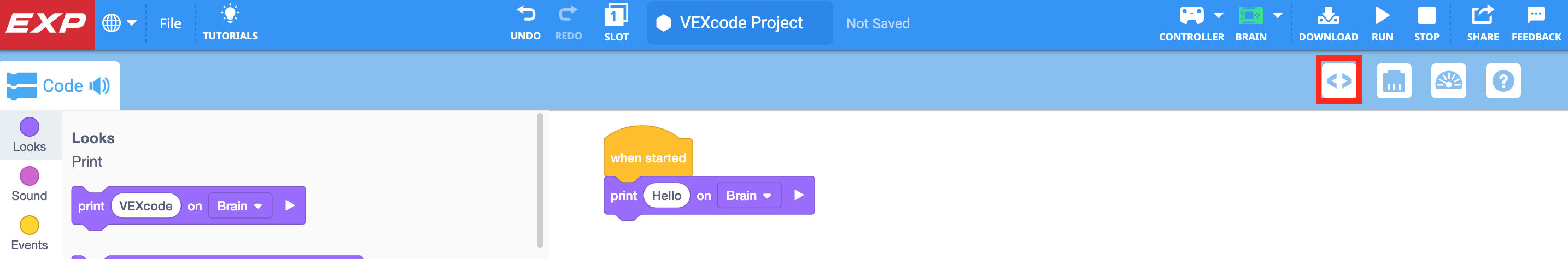 Панель інструментів VEXcode EXP з піктограмою переглядача коду, виділеною ліворуч від піктограми пристроїв.