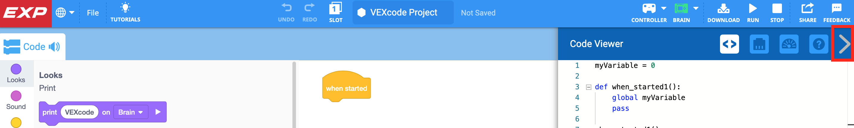 Menu Code Viewer có biểu tượng mũi tên phải được tô sáng trên Thanh công cụ. Có thể chọn biểu tượng này để đóng menu.