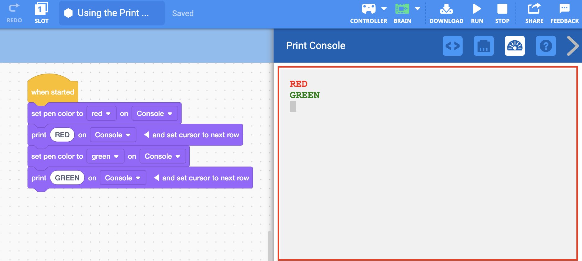 Het Print Console-menu is geopend en het afgedrukte bericht wordt in ROOD weergegeven, gevolgd door GROEN op de volgende regel. De berichten zijn in de betreffende kleuren afgedrukt.