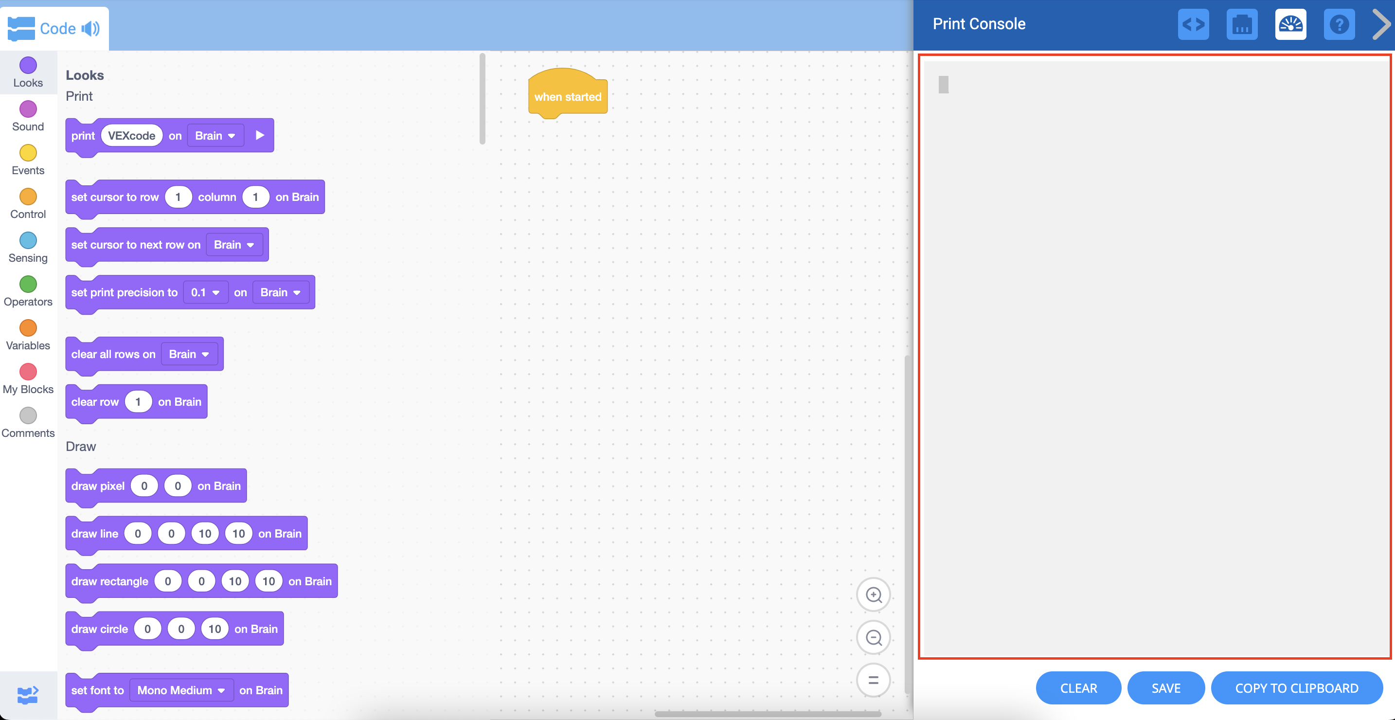 Nabídka konzole pro tisk je otevřená a zobrazuje prázdné místo pro projekty, do kterých se mají vytisknout informace a text.