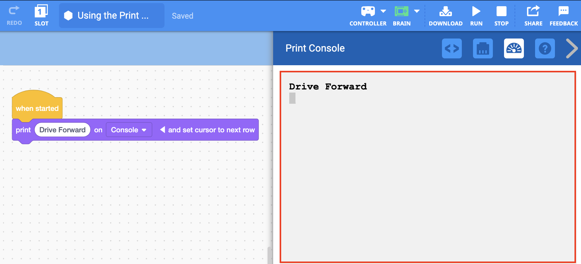 印刷コンソール メニューが開き、印刷されたメッセージ「Drive Forward」が表示されます。