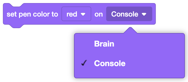 VEXCode EXP : Définir le bloc de couleur du stylo avec son menu déroulant ouvert pour changer de périphérique. L'option par défaut est de définir la couleur du stylo sur le cerveau, mais elle peut être modifiée pour être définie sur la console.