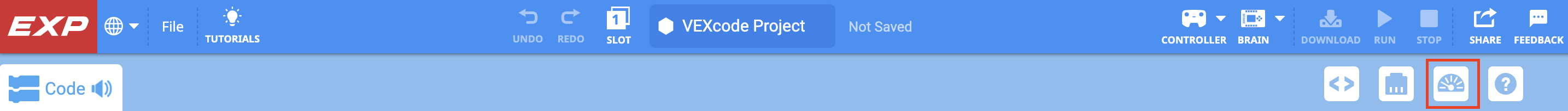 Панель інструментів VEXcode EXP з виділеною піктограмою консолі друку між піктограмами пристроїв та довідки.