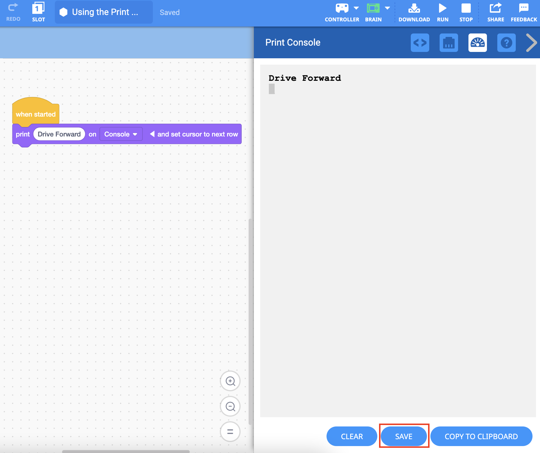 പ്രിന്റ് കൺസോൾ മെനു തുറന്നിരിക്കുന്നു, താഴെ സേവ് ബട്ടൺ ഹൈലൈറ്റ് ചെയ്തിരിക്കുന്നു.
