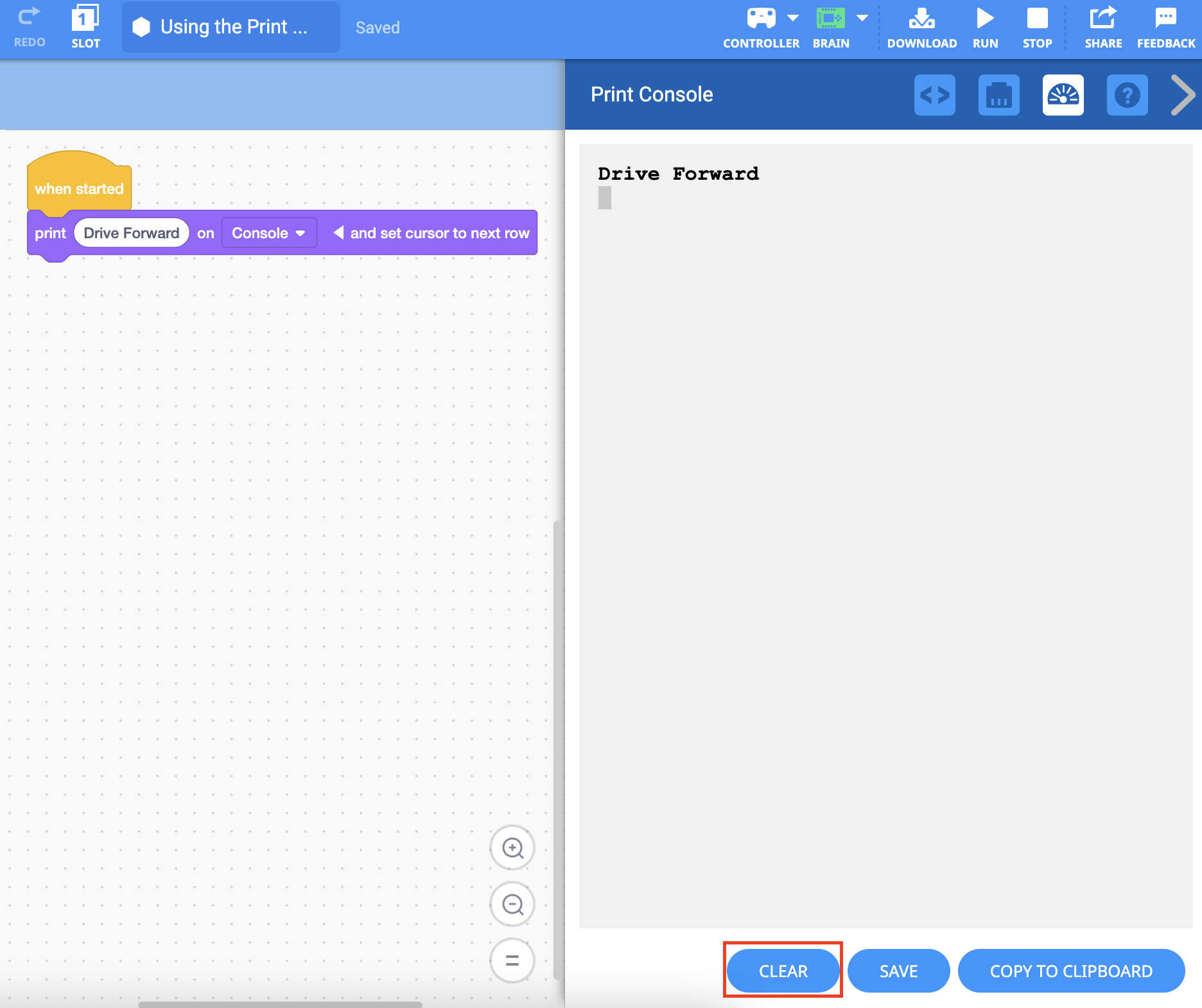 പ്രിന്റ് കൺസോൾ മെനു തുറന്നിരിക്കുന്നു, താഴെ ക്ലിയർ ബട്ടൺ ഹൈലൈറ്റ് ചെയ്തിരിക്കുന്നു.