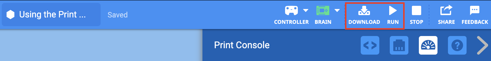 แถบเครื่องมือ VEXcode EXP พร้อมไอคอนดาวน์โหลดและเรียกใช้ที่ไฮไลต์อยู่ด้วยกัน