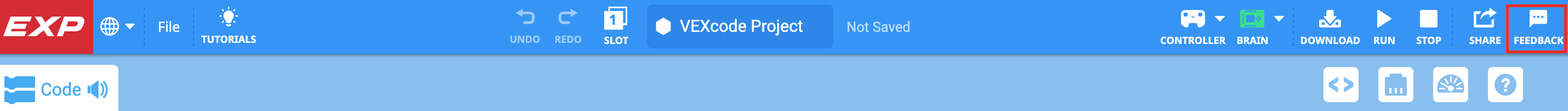 Panel nástrojů VEXcode EXP se zvýrazněnou ikonou zpětné vazby napravo od ikony Sdílet.
